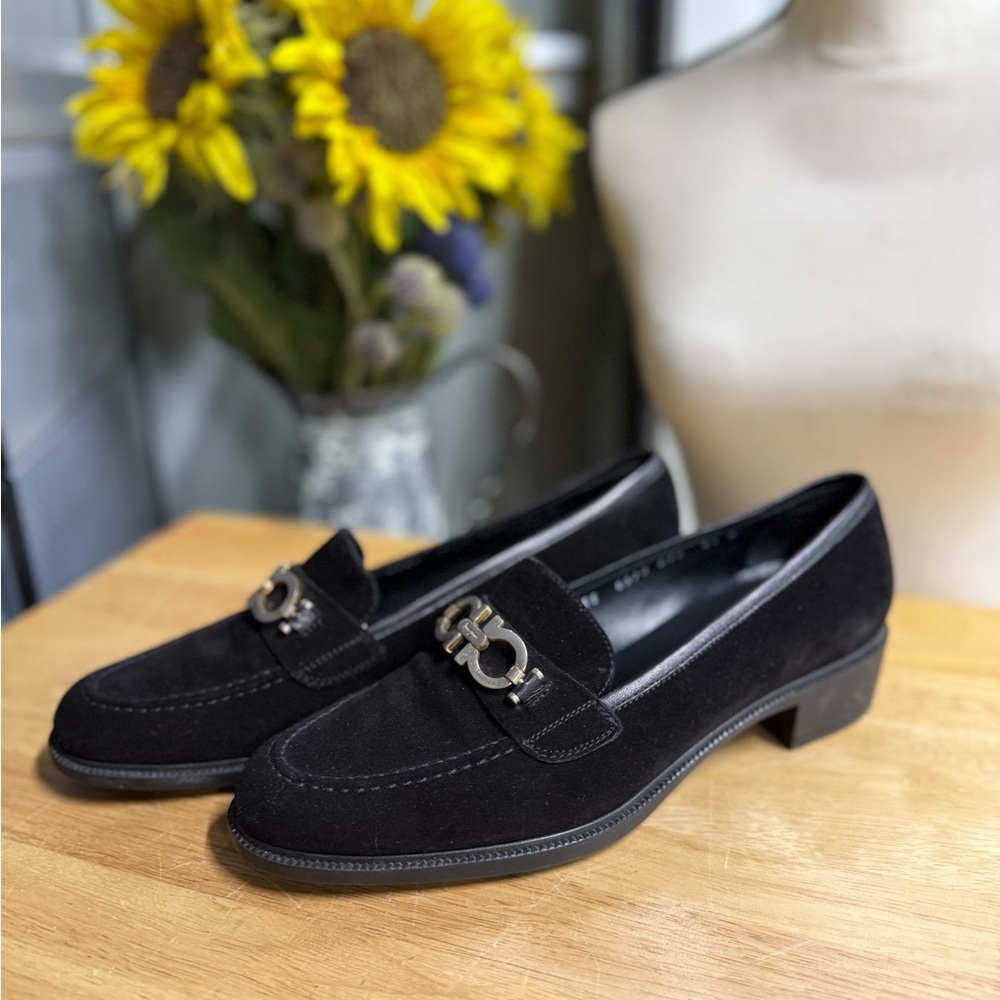Salvatore Ferragamo Black Suede Loafers with Silver Hardware